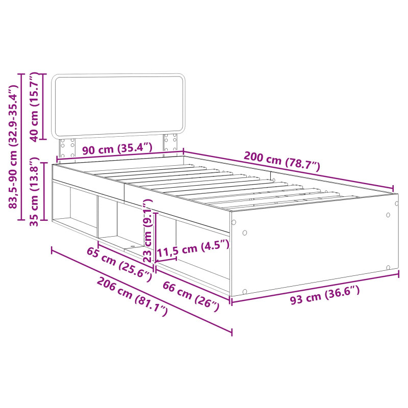 Ramka łóżka Dąb Sonoma 90 x 200 cm Lite drewno sosnowe