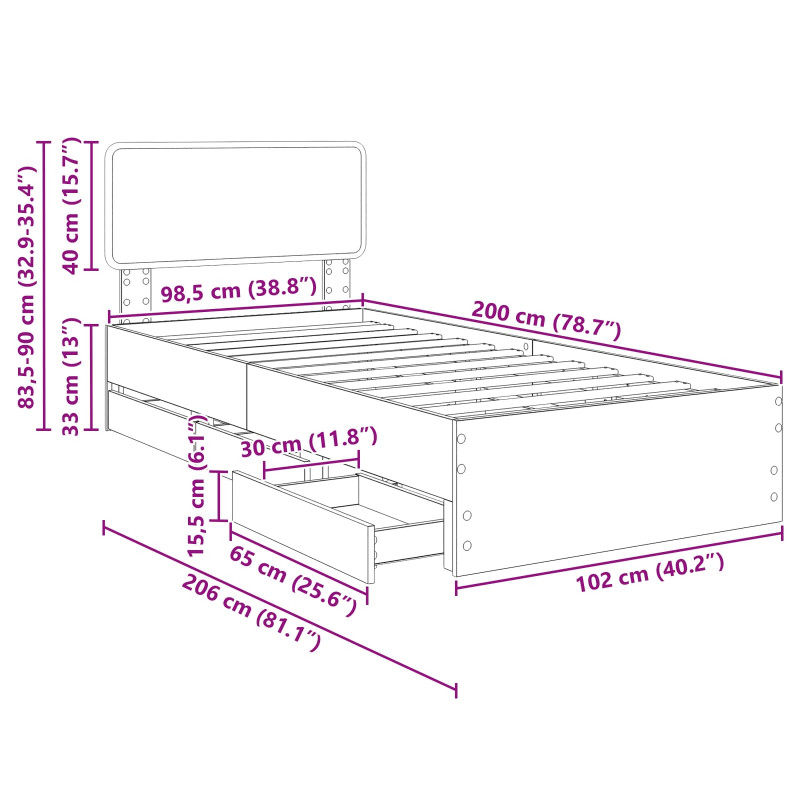 Ramka łóżka Betonowy Szary 100 x 200 cm Drewno inżynieryjne