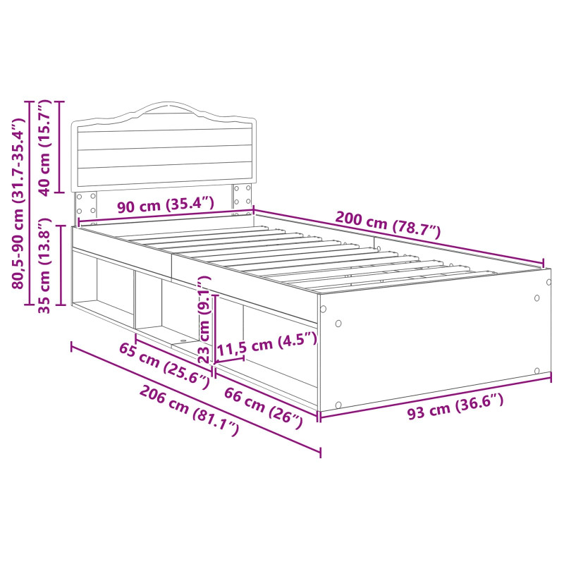 Ramka łóżka Dąb Sonoma 90 x 200 cm Lite drewno sosnowe