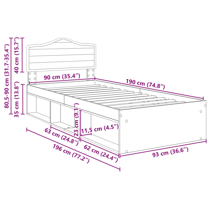 Ramka łóżka Szary Sonoma 90 x 190 cm Lite drewno sosnowe