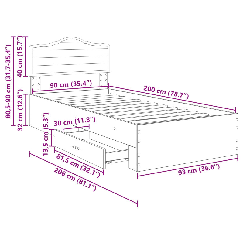 Ramka łóżka Stare drewno 90 x 200 cm Materiał drewnopochodny