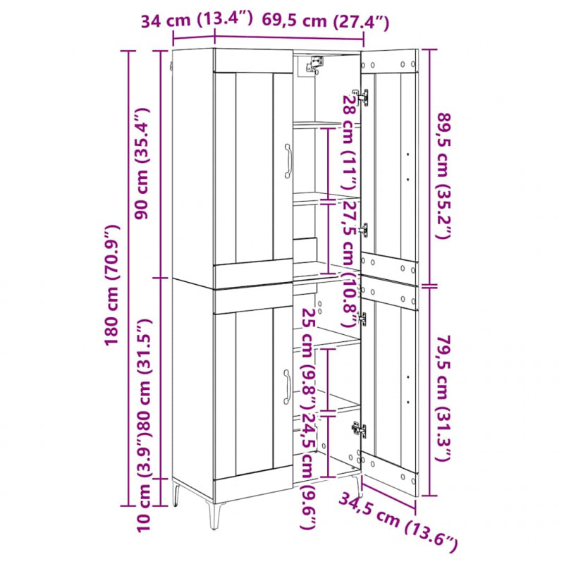 Highboard Montowane na ścianie Stare drewno 69,5 x 34 x 180 cm