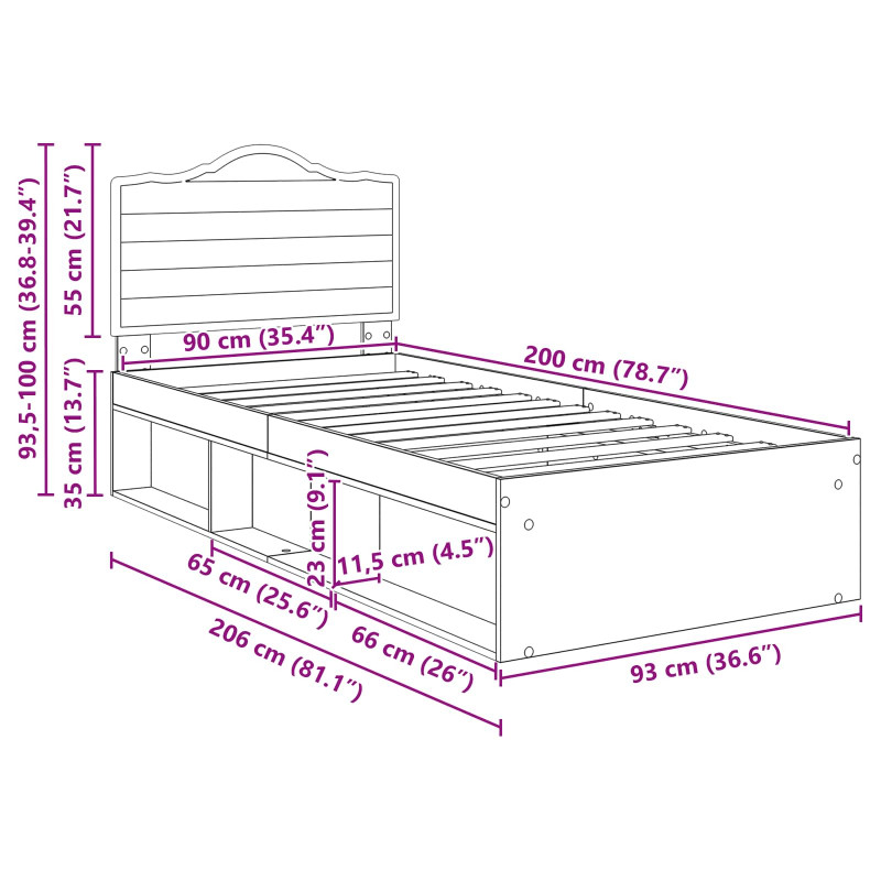 Ramka łóżka Betonowy 90 x 200 cm Lite drewno sosnowe