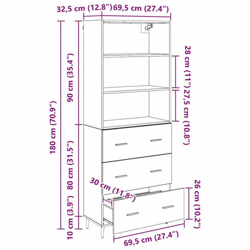 Highboard z szufladą 2 pcs Stare drewno Materiał drewnopochodny