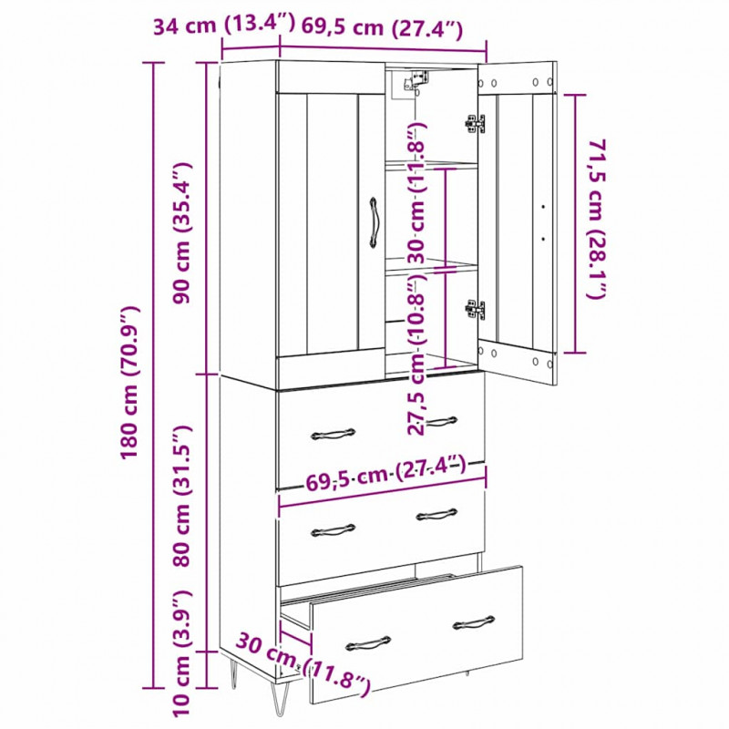 Highboard z szufladą Stare drewno 69,5 x 34 x 180 cm
