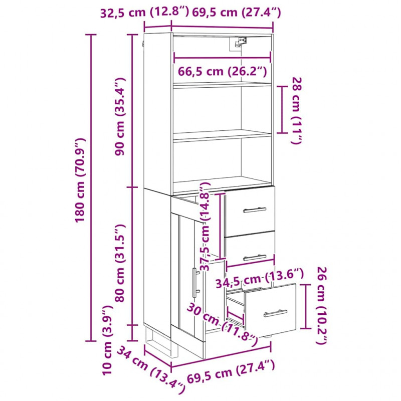 Highboard z szufladą Stare drewno 69,5 x 34 x 180 cm
