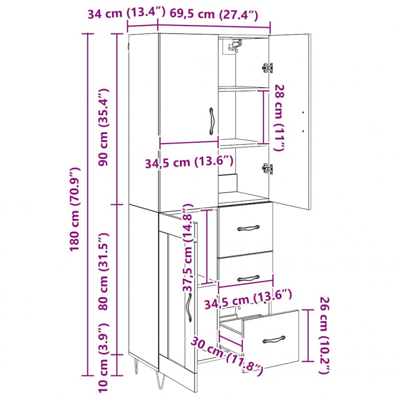 Highboard z szufladą 2 pcs Stare drewno Materiał drewnopochodny