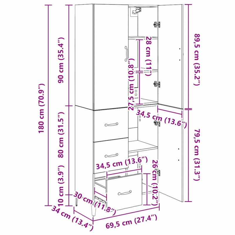 Highboard Montowane na ścianie Stare drewno 69,5 x 34 x 180 cm