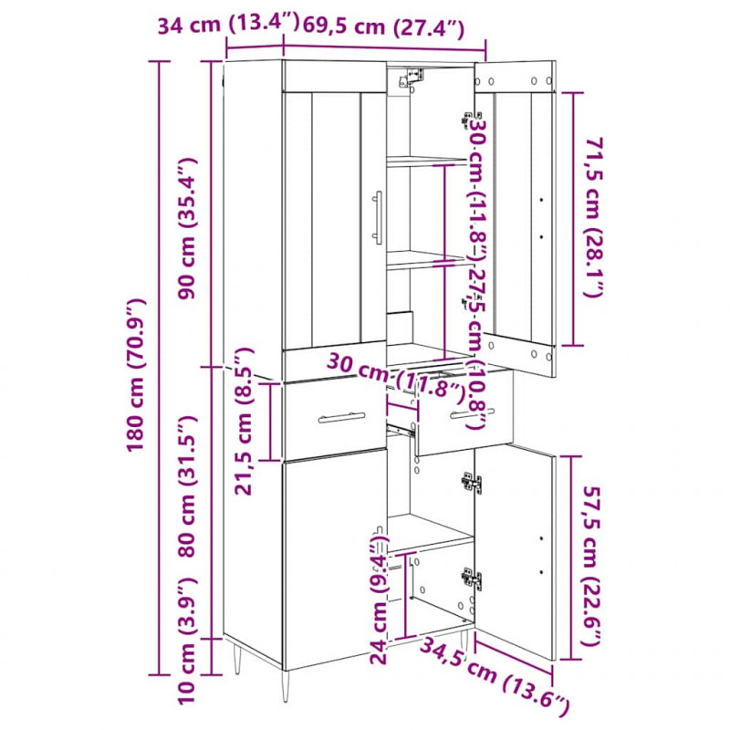 Highboard z szufladą Stare drewno 69,5 x 34 x 180 cm