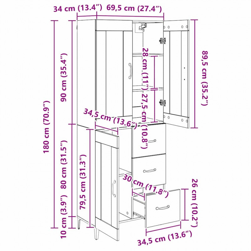 Highboard Montowane na ścianie Stare drewno 69,5 x 34 x 180 cm