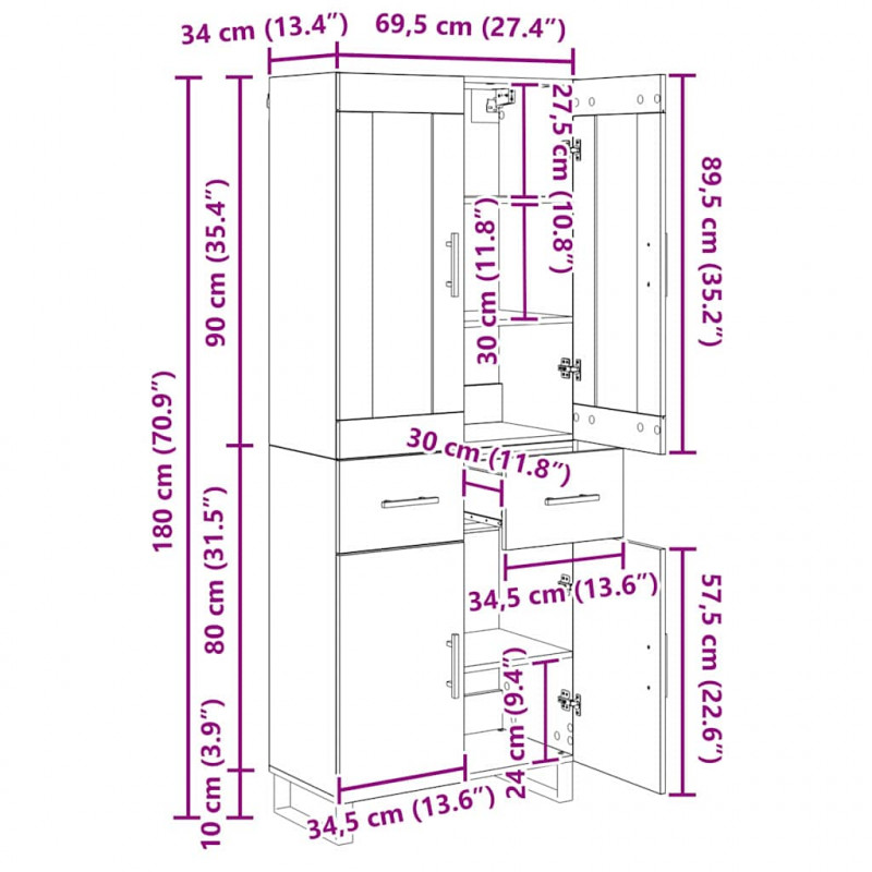 Highboard z szufladą 2 pcs Stare drewno Materiał drewnopochodny