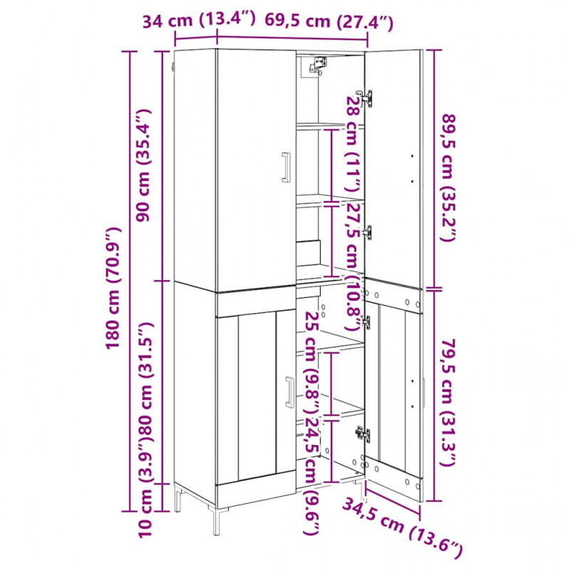 Highboard Montowane na ścianie Stare drewno 69,5 x 34 x 180 cm