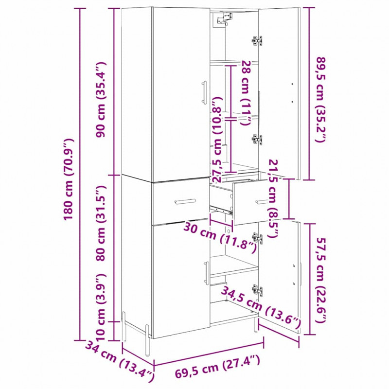 Highboard Montowane na ścianie Stare drewno 69,5 x 34 x 180 cm