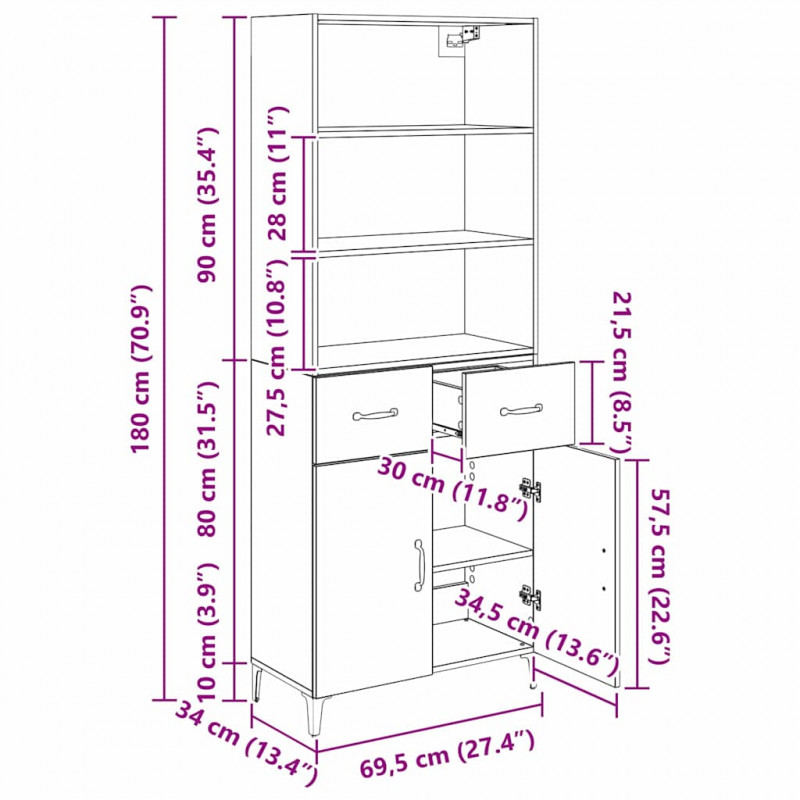 Highboard z szufladą Stare drewno 69,5 x 34 x 180 cm