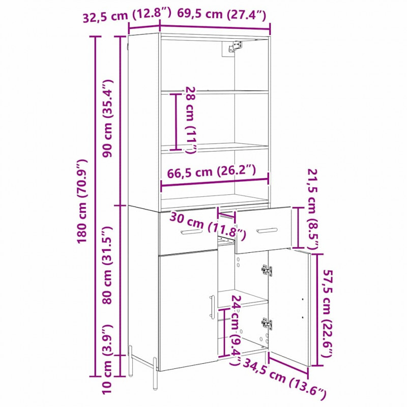 Highboard z szufladą Stare drewno 69,5 x 32,5 x 180 cm