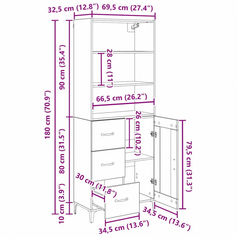 Highboard z szufladą Stare drewno 69,5 x 34 x 180 cm