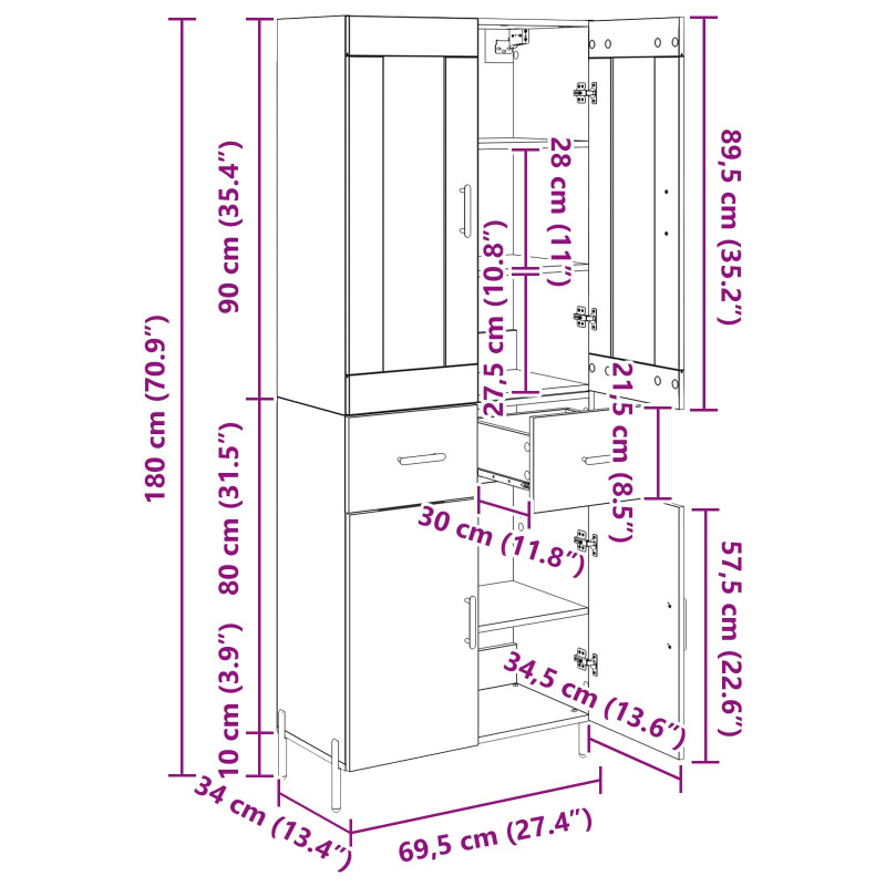 Highboard Montowane na ścianie Stare drewno 69,5 x 34 x 180 cm