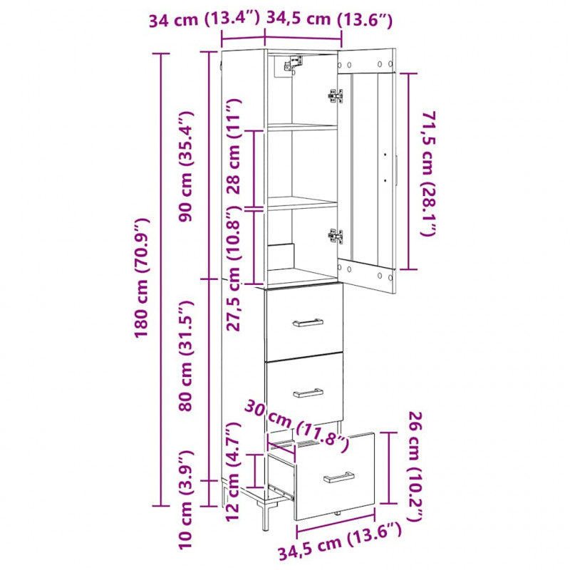 Highboard Czarny Dąb 34,5 x 34 x 180 cm Materiał drewnopochodny
