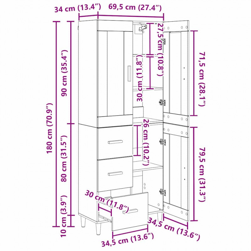 Highboard z szufladą Stare drewno 69,5 x 34 x 180 cm