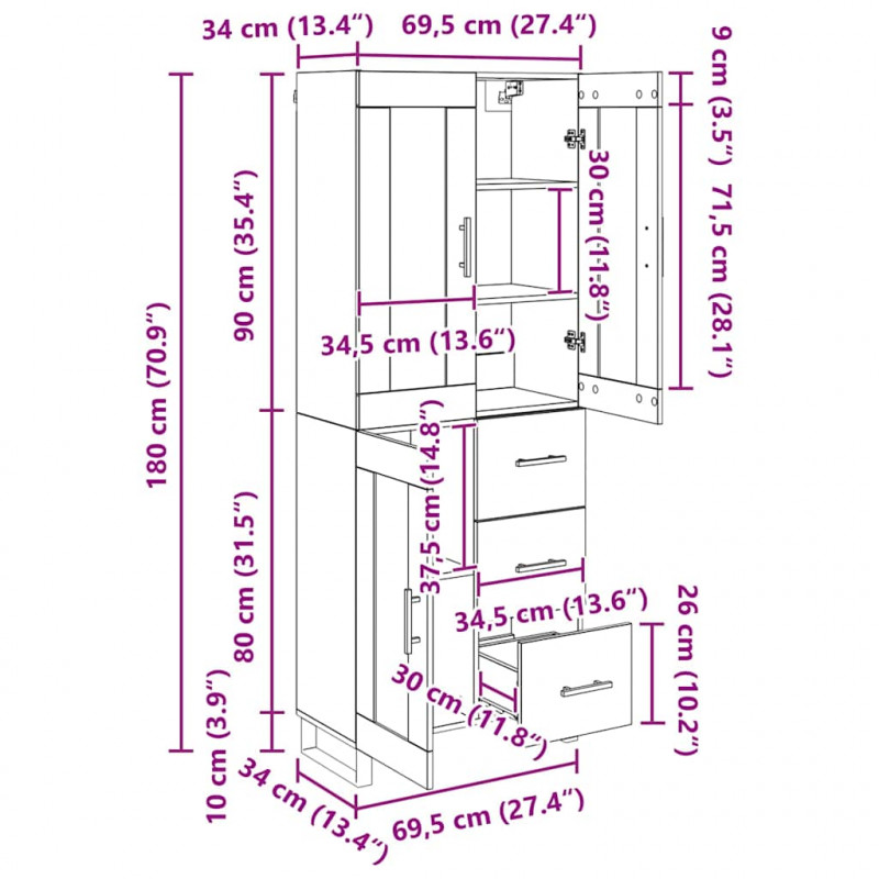 Highboard Czarny Dąb 69,5 x 34 x 180 cm Materiał drewnopochodny
