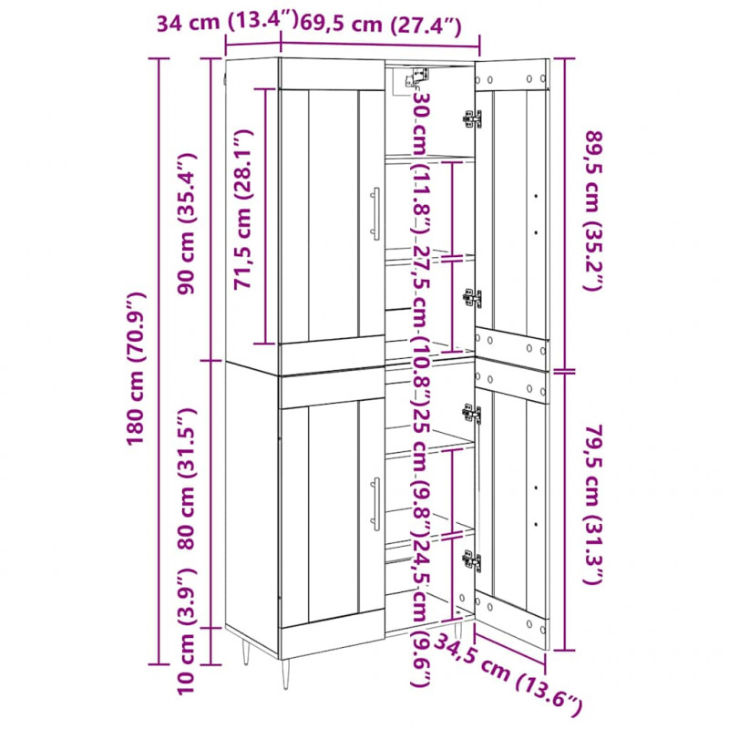 Highboard Czarny Dąb 69,5 x 34 x 180 cm Materiał drewnopochodny