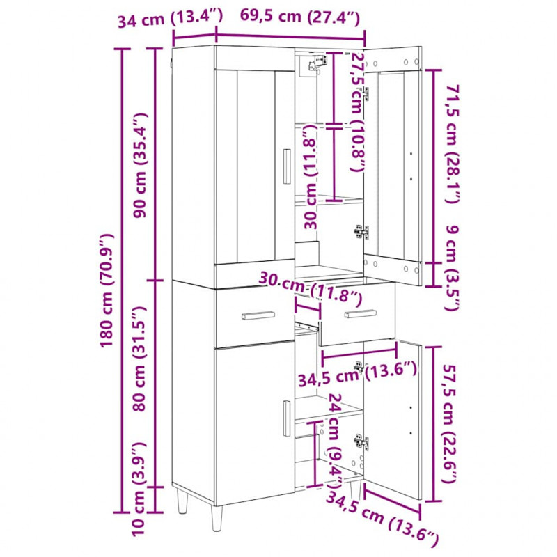 Highboard z szufladą Stare drewno 69,5 x 34 x 180 cm