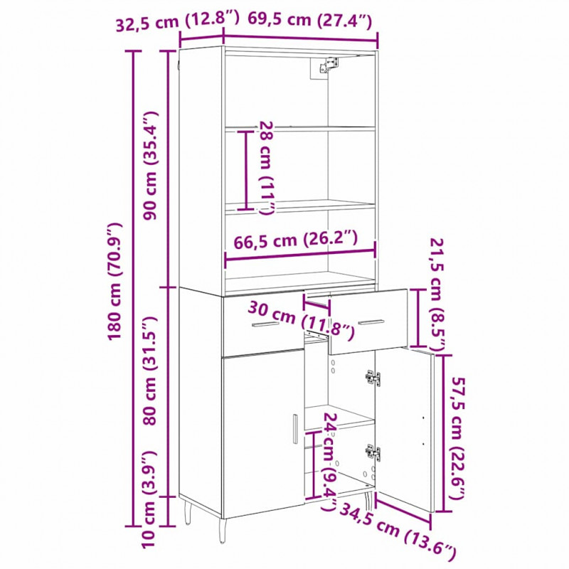 Highboard z szufladą Stare drewno 69,5 x 34 x 180 cm