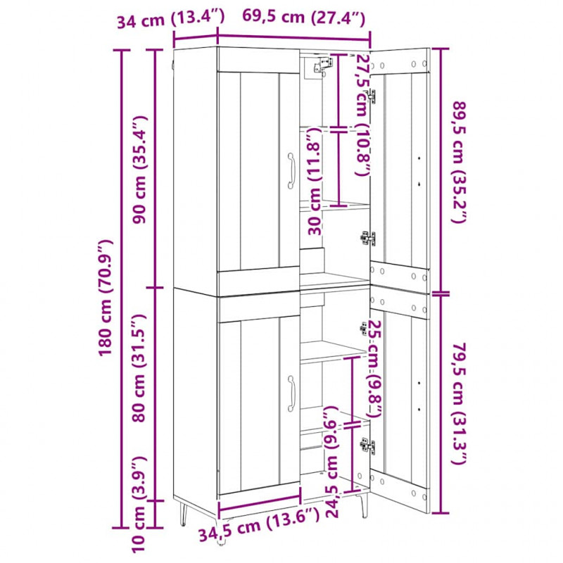 Highboard Czarny Dąb 69,5 x 34 x 180 cm Materiał drewnopochodny