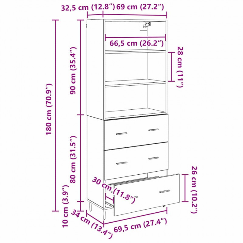 Highboard z szufladą Czarny Dąb 69,5 x 34 x 180 cm