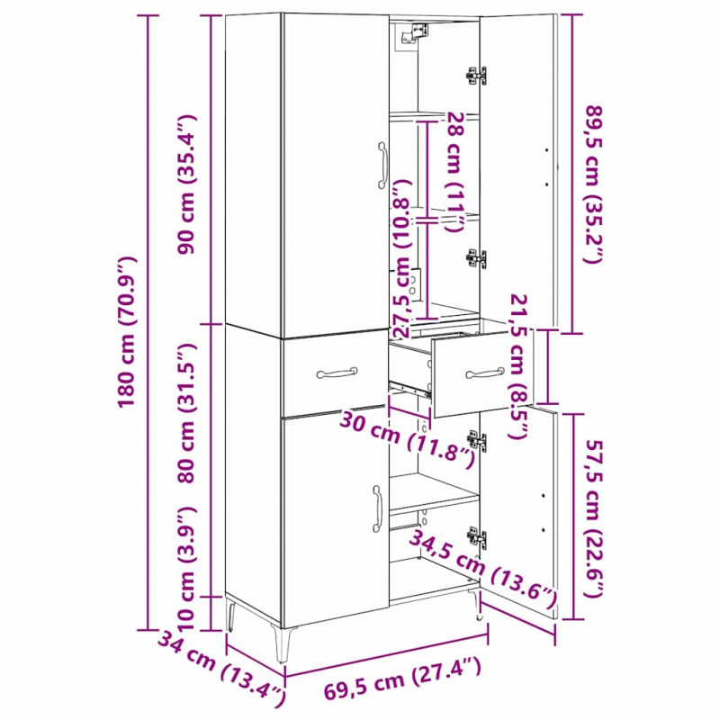 Highboard Montowane na ścianie Stare drewno 69,5 x 34 x 180 cm