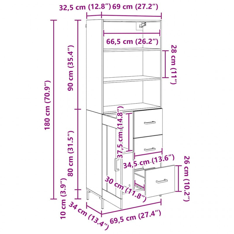 Highboard Czarny Dąb 69,5 x 34 x 180 cm Materiał drewnopochodny