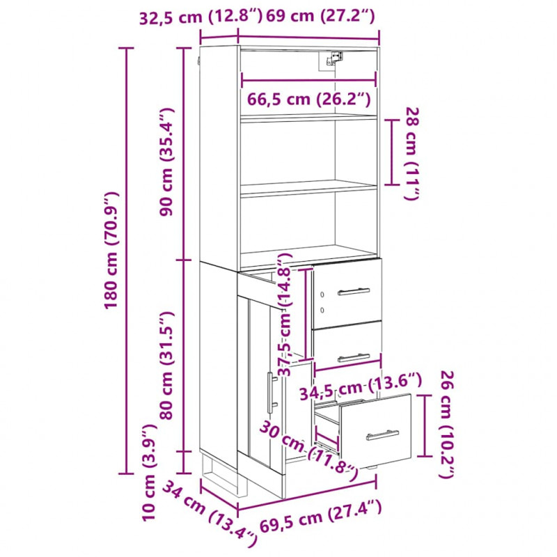 Highboard Czarny Dąb 69,5 x 34 x 180 cm Materiał drewnopochodny