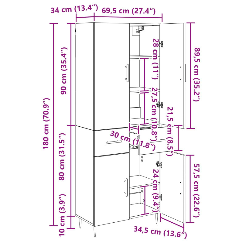 Highboard Montowane na ścianie Stare drewno 69,5 x 34 x 180 cm