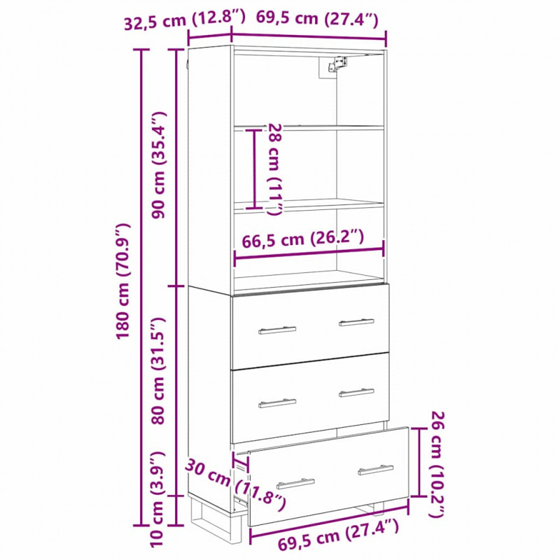 Highboard z szufladą Stare drewno 69,5 x 34 x 180 cm