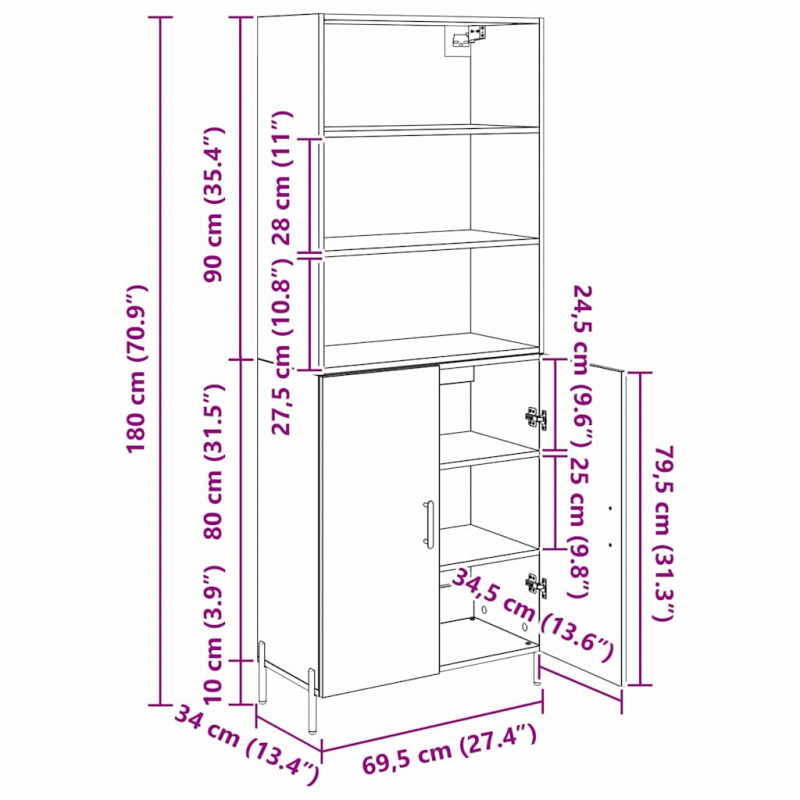 Highboard Czarny Dąb 69,5 x 34 x 180 cm Materiał drewnopochodny