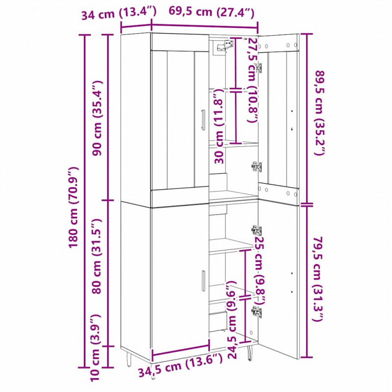 Highboard 2 pcs Czarny Dąb Drewno inżynieryjne i szkło