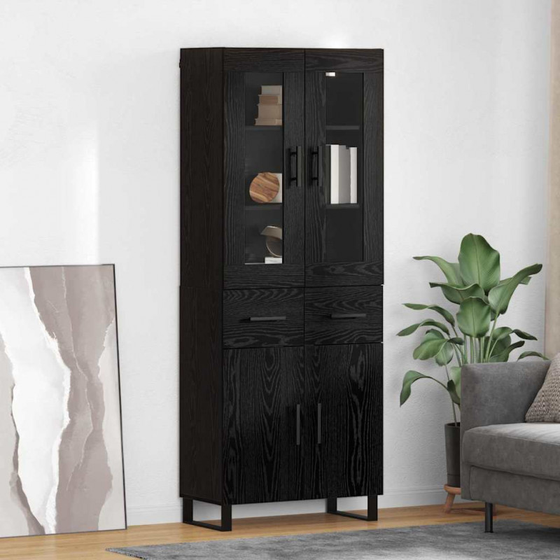 Highboard 2 pcs Czarny Dąb Drewno inżynieryjne i szkło