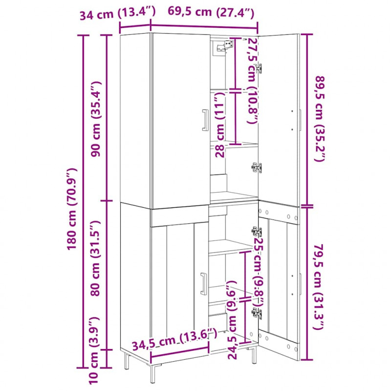 Highboard Czarny Dąb 69,5 x 34 x 180 cm Materiał drewnopochodny