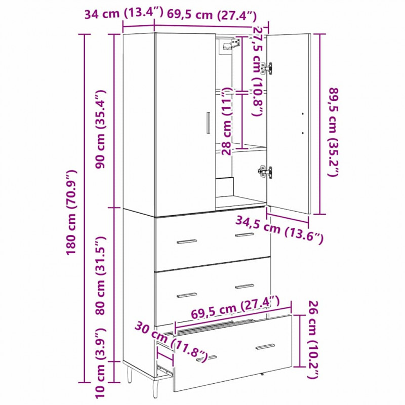 Highboard 2 pcs Czarny dąb Drewno inżynieryjne i szkło