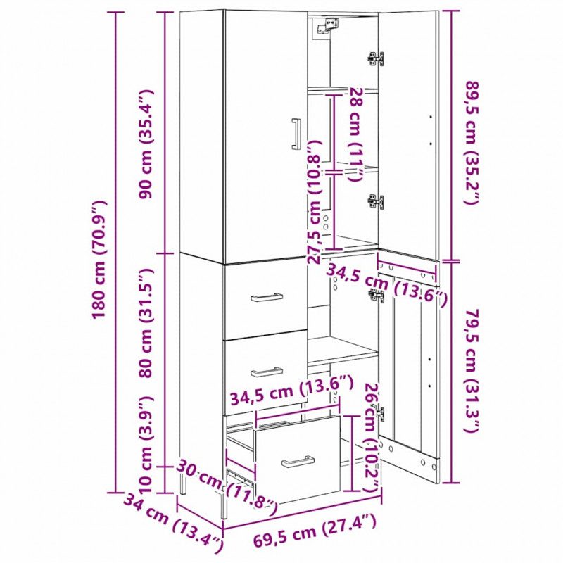 Highboard Montowane na ścianie Stare drewno 69,5 x 34 x 180 cm