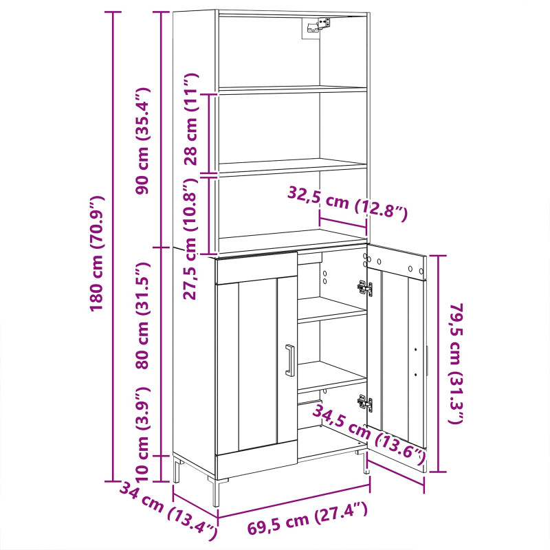 Highboard Czarny Dąb 69,5 x 34 x 180 cm Materiał drewnopochodny