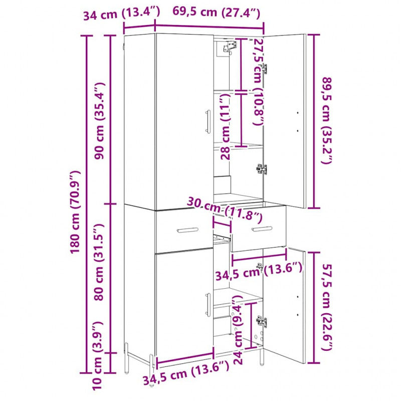 Highboard Czarny Dąb 69,5 x 34 x 180 cm Materiał drewnopochodny