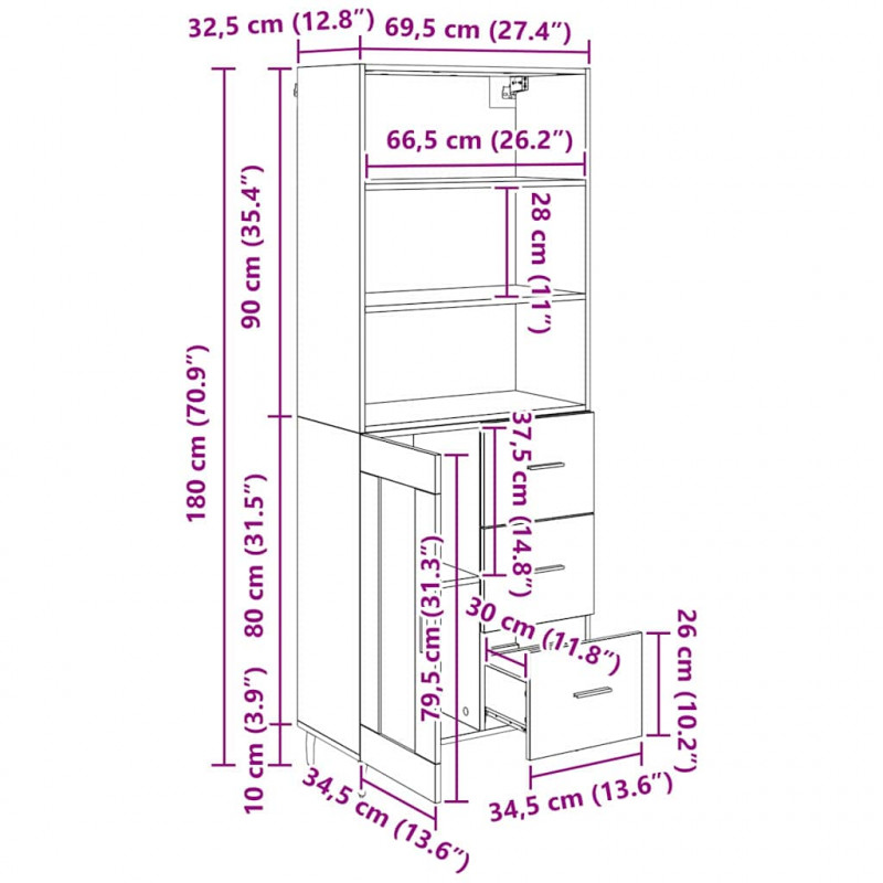 Highboard z szufladą Stare drewno 69,5 x 34 x 180 cm