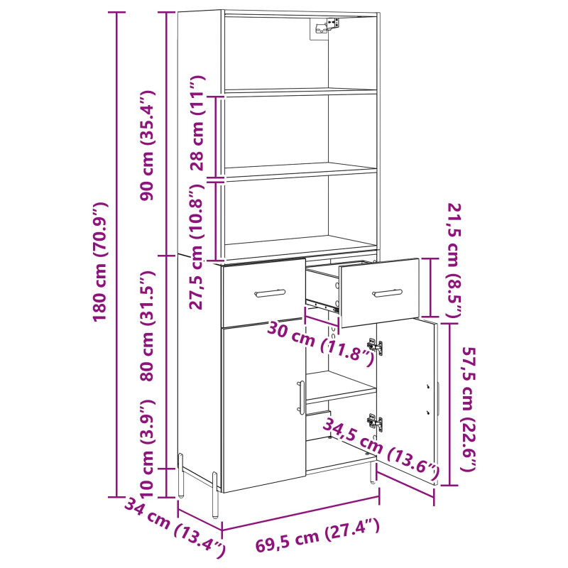 Highboard Czarny dąb 69,5 x 34 x 180 cm Materiał drewnopochodny