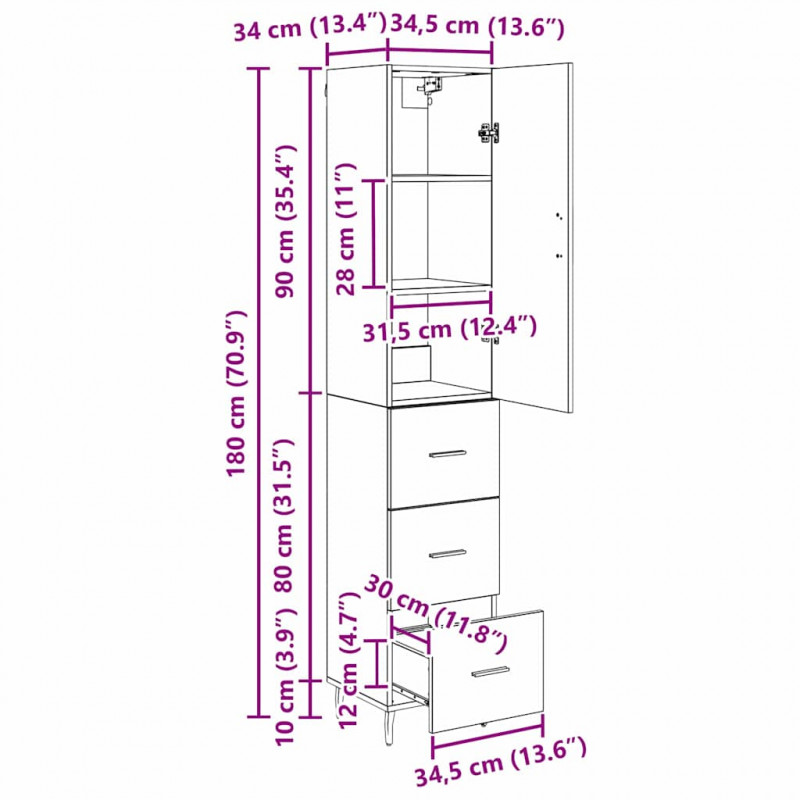 Highboard z szufladą Stare drewno 34,5 x 34 x 180 cm