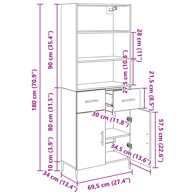 Highboard Czarny Dąb 69,5 x 34 x 180 cm Materiał drewnopochodny