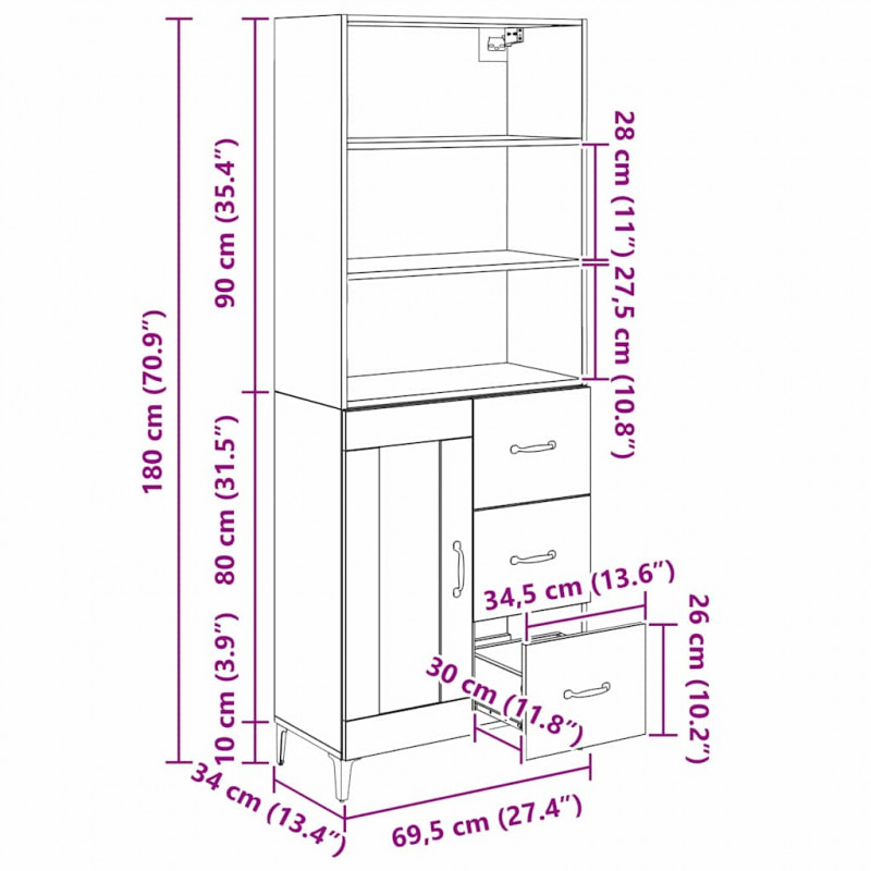 Highboard Czarny Dąb 69,5 x 34 x 180 cm Materiał drewnopochodny