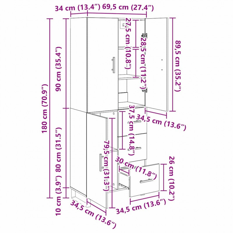 Highboard z szufladą 2 pcs Stare drewno 69,5 x 34 x 180 cm