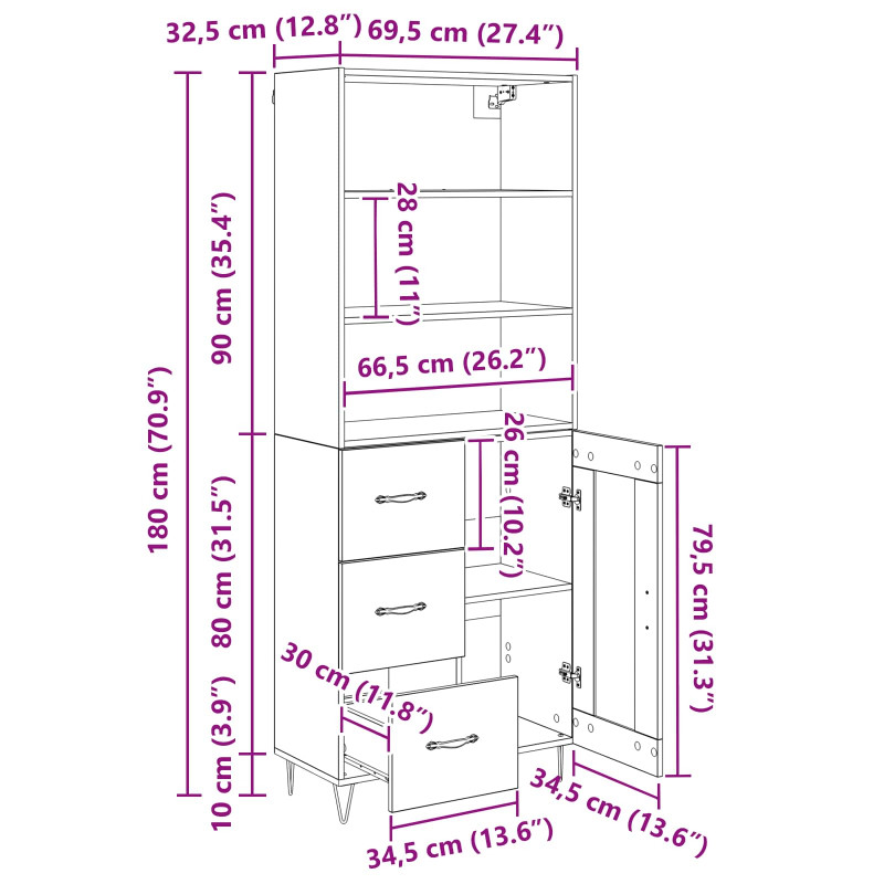 Highboard z szufladą 2 pcs Czarny Dąb Materiał drewnopochodny