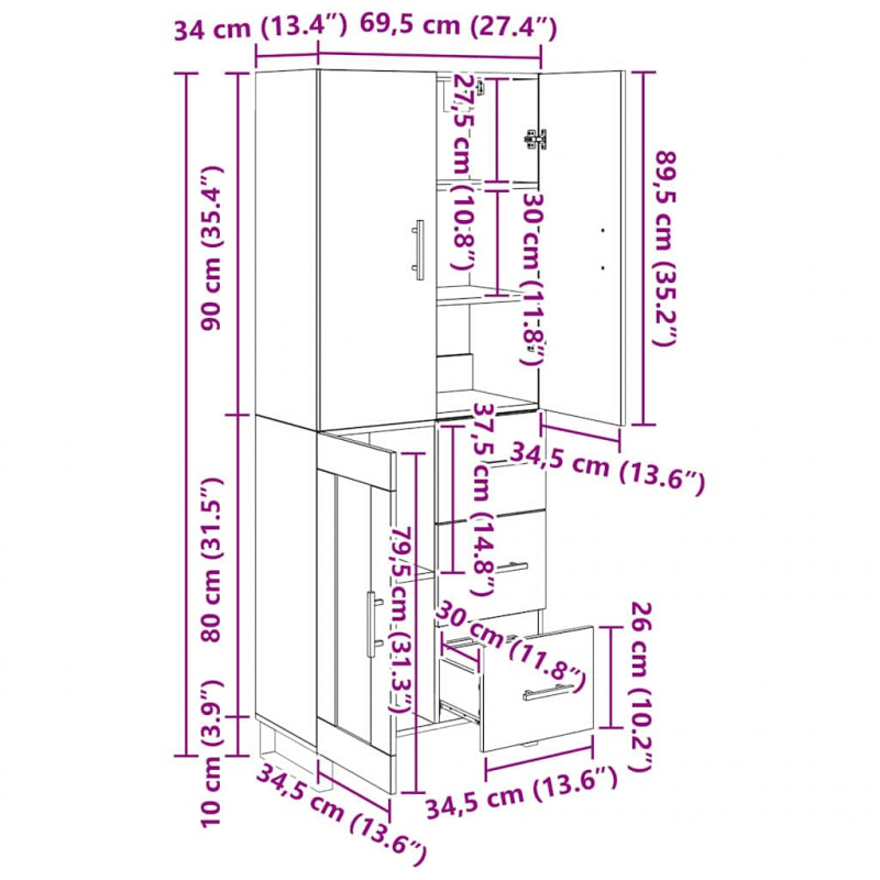 Highboard z szufladą 2 pcs Stare drewno 69,5 x 34 x 180 cm